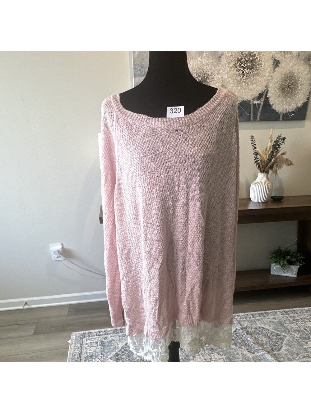 Pink Rose Women’s Plus 2X Pink Knit Scoop Neck Long Sleeve Lace Hem Sweater